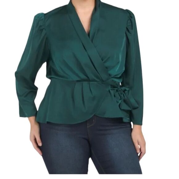 Adiva Dark Hunter Green Satin Long Sleeve Peplum Blouse - Picture 1 of 13